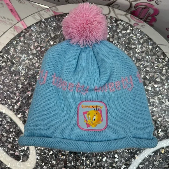 Tweety bird hat 2001 toque Pom Pom  Blue Pink Tweety Knit Pom-Pom vintage Beanie - Picture 3 of 9